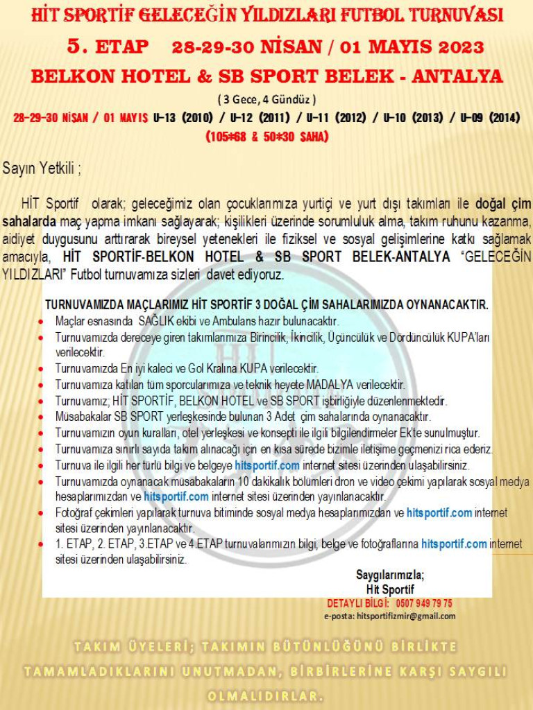 HİT SPORTİF GELECEĞİN YILDIZLARI 5.ETAP BELEK-ANTALYA DAVETİYE